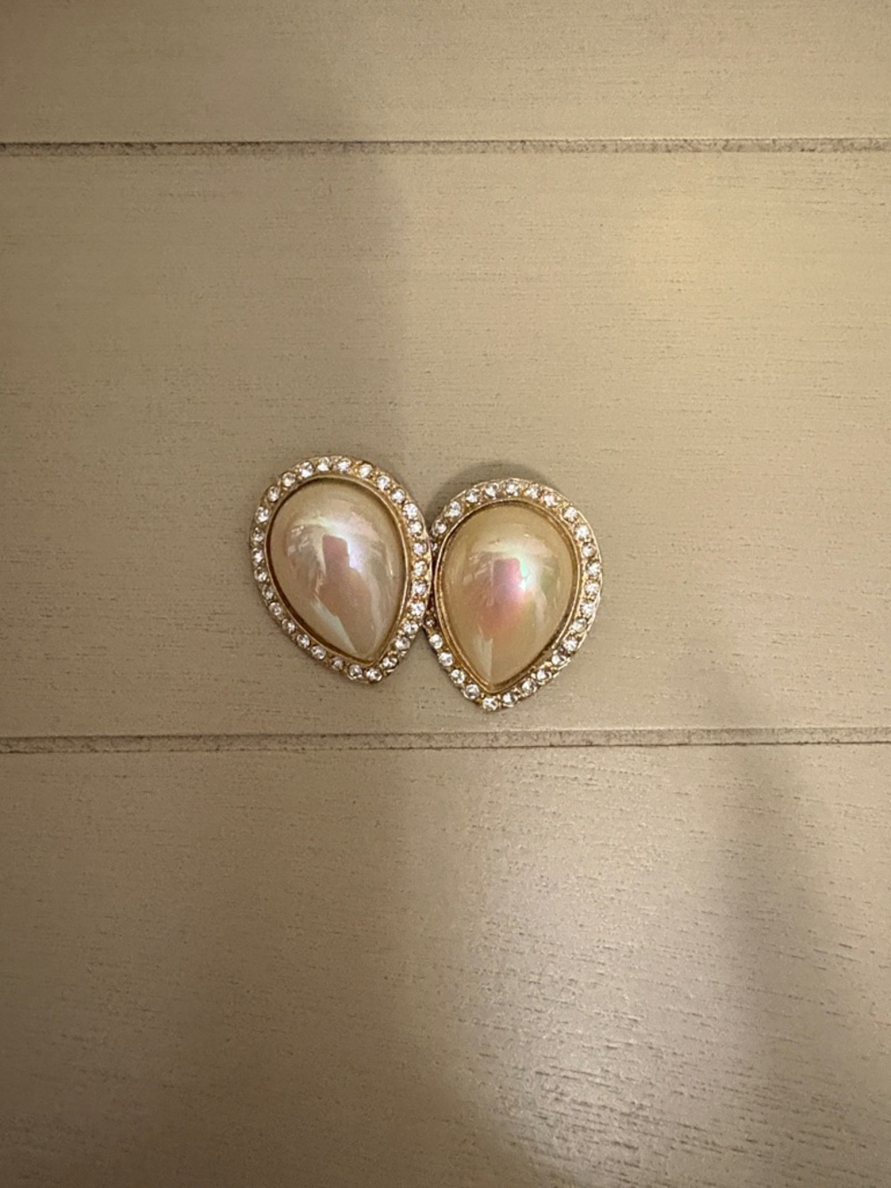 Gold-Tone Cream Pearl Teardrop Earrings with Crystal Halo